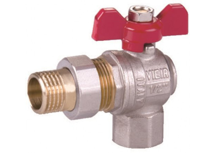 Кран шаровой с американкой УГЛОВОЙ 1/2" бабочка НИКЕЛЬ VER47 ViEiR (10/100)